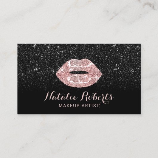 Moderne zwarte glitter Roos Gold Lips Makeup Artis Visitekaartje (Voorkant)