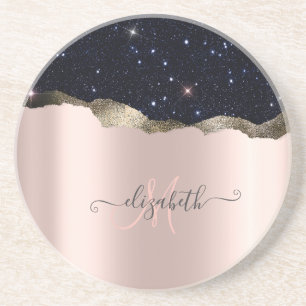 Moderne Zwarte Glitter Roos Goud Monogram Zandsteen Onderzetter