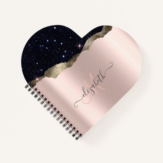 Moderne Zwarte Glitter Roos Gouden Monogram Notitieboek (Voorkant)