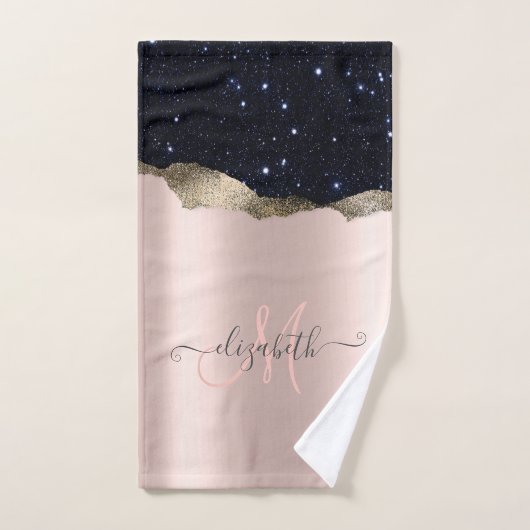 Moderne Zwarte Glitter Roosgoud Monogram Bad Handdoek (Handdoek)