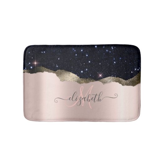 Moderne Zwarte Glitter Roosgoud Monogram Badmat (Voorkant)
