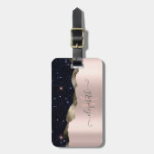 Moderne Zwarte Glitter Roosgoud Monogram Bagagelabel (Voorkant verticaal)