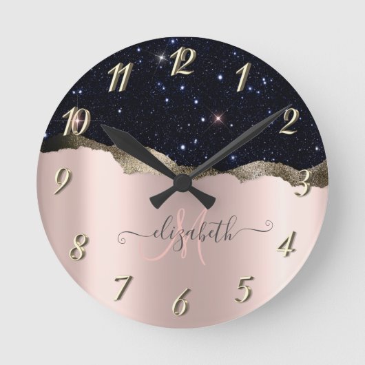 Moderne Zwarte Glitter Roosgoud Monogram Ronde Klok (Voorkant)