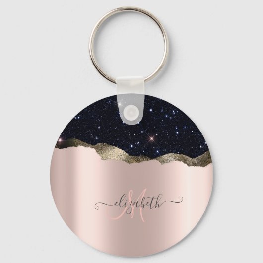 Moderne Zwarte Glitter Roosgoud Monogram Sleutelhanger (Voorkant)