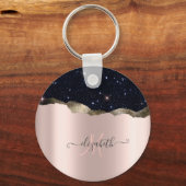 Moderne Zwarte Glitter Roosgoud Monogram Sleutelhanger (Voorkant)