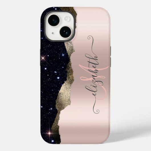 Moderne Zwarte Glitter Roze Gouden Monogram Case-Mate iPhone Case (Achterkant)