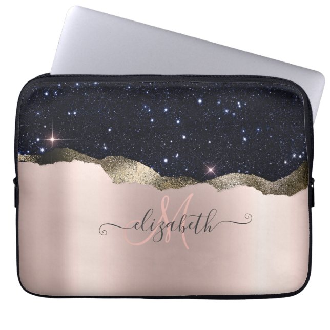 Moderne Zwarte Glitter Roze Gouden Monogram  Laptop Sleeve (Voorkant)