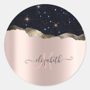 Moderne Zwarte Glitter Roze Gouden Monogram Ronde Sticker