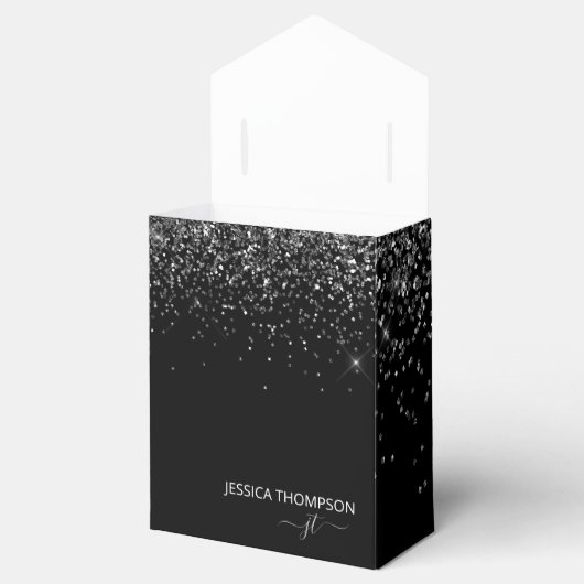 Moderne zwarte Glitter Simple Script Monogram Name Bedankdoosjes (Geopend)