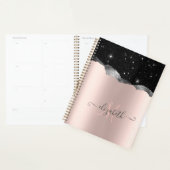 Moderne zwarte glittersilver, roze gouden monogram planner (Display)