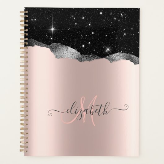 Moderne zwarte glittersilver, roze gouden monogram planner (Voorkant)