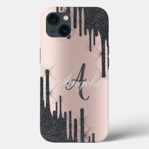 Moderne zwarte glitterslierten, roze goud, Monogra Case-Mate iPhone Case