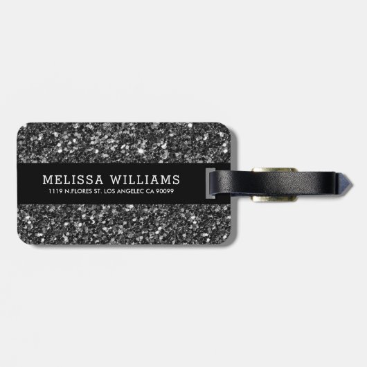 Moderne zwarte glittertextuur bagagelabel (Achterkant horizontaal)