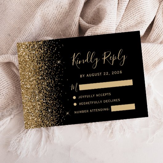 Moderne zwarte Gold Faux Glitter Edge RSVP Kaartje
