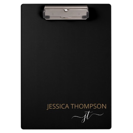 Moderne zwarte Gold Simple Script Monogram Name  Klembord (Voorkant)