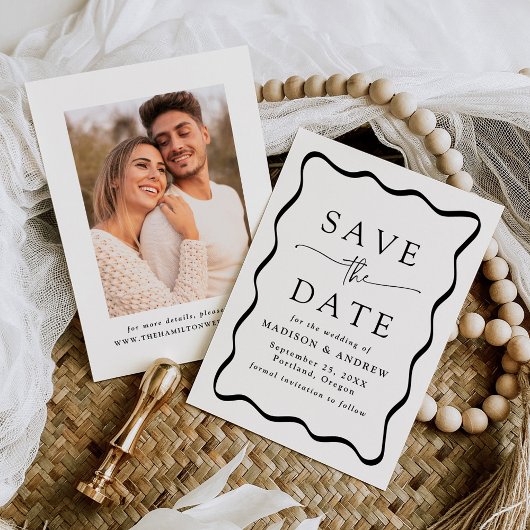 Moderne Zwarte Golvende Lijst Foto Bruiloft Save The Date