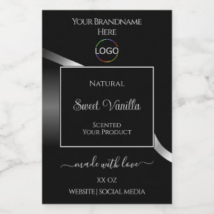 Moderne zwarte golvende zilveren productlabels met voedselcontainer etiket