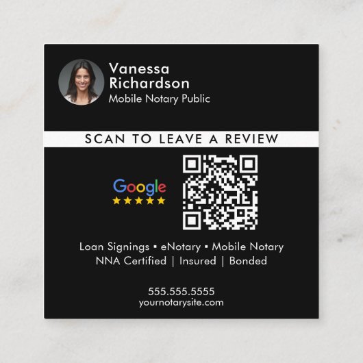 Moderne zwarte Google Review QR Notaris Dank u Vierkante Visitekaartje (Achterkant)