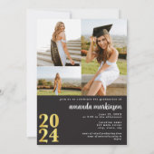 Moderne Zwarte Goud 4 Foto Afstudeer Uitnodiging (Achterkant)