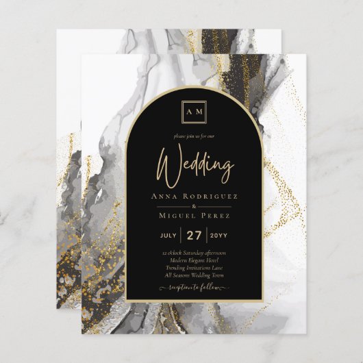 Moderne Zwarte Goud Agaat Marmer Glitter Bruiloft (Voorkant / Achterkant)