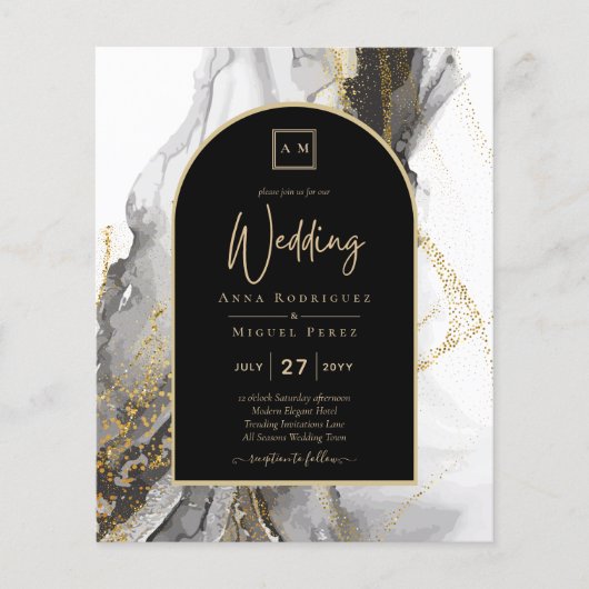 Moderne Zwarte Goud Agaat Marmer Glitter Bruiloft (Voorkant)