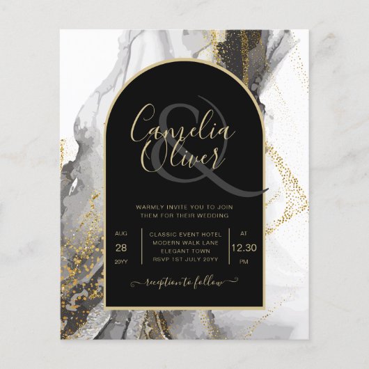 Moderne Zwarte Goud Agaat Marmer Glitter Bruiloft Flyer (Voorkant)