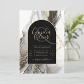 Moderne Zwarte Goud Agaat Marmer Glitter Bruiloft Kaart (Staand voorkant)