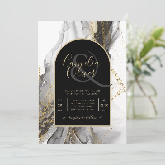 Moderne Zwarte Goud Agaat Marmer Glitter Bruiloft Kaart (Staand voorkant)