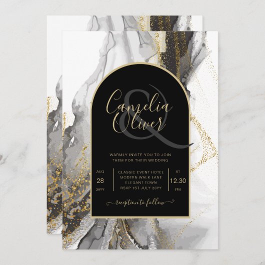 Moderne Zwarte Goud Agaat Marmer Glitter Bruiloft Kaart (Voorkant / Achterkant)