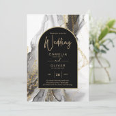 Moderne Zwarte Goud Agaat Marmer Glitter Bruiloft Kaart (Staand voorkant)