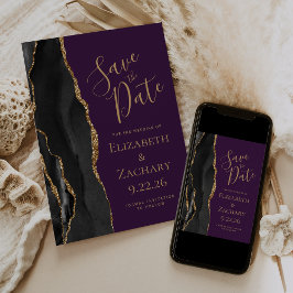 Moderne Zwarte Goud Agaat Paarse Save the Date Kaa
