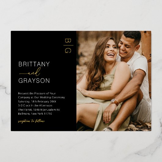 Moderne Zwarte Goud Foto Bruiloft Folie Uitnodiging (Voorkant)