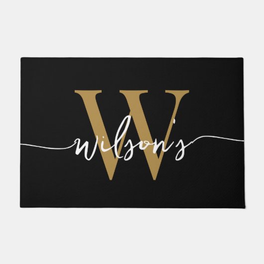Moderne Zwarte Goud Monogram Familienaam Schrift Deurmat (Voorkant)