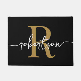 Moderne Zwarte Goud Monogram Familienaam Script De Deurmat