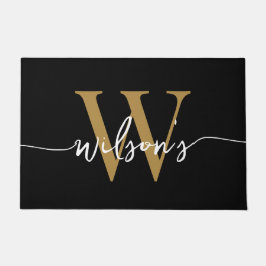 Moderne zwarte goud monogram familienaam script deurmat