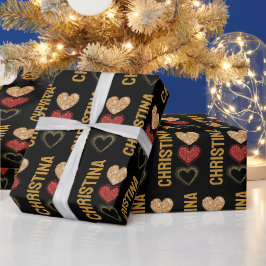 Moderne Zwarte Goud & Rode Harten Naam Valentijnsd Cadeaupapier