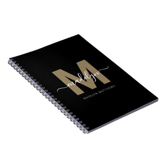 Moderne Zwarte Goud Schrift Naam Initiaal Monogram Notitieboek (Rechterzijde)