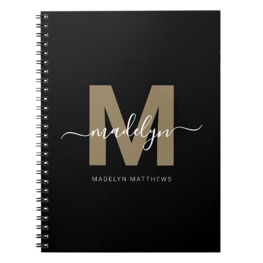 Moderne Zwarte Goud Schrift Naam Initiaal Monogram Notitieboek (Voorkant)