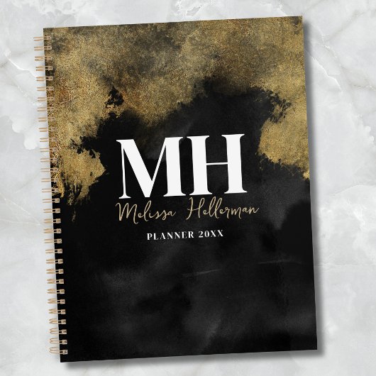 Moderne Zwarte Goud Schrift Naam Monogram Planner
