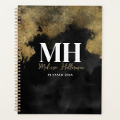 Moderne Zwarte Goud Schrift Naam Monogram Planner (Voorkant)