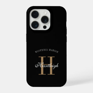 Moderne Zwarte Goud Witte Monogram Naam iPhone 15 Pro Case