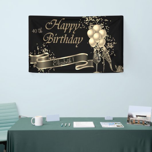 Moderne zwarte goudballonnen, glas, hiel spandoek (Beurs)