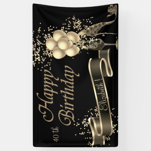 Moderne zwarte goudballonnen, glas, hiel spandoek (Verticaal)