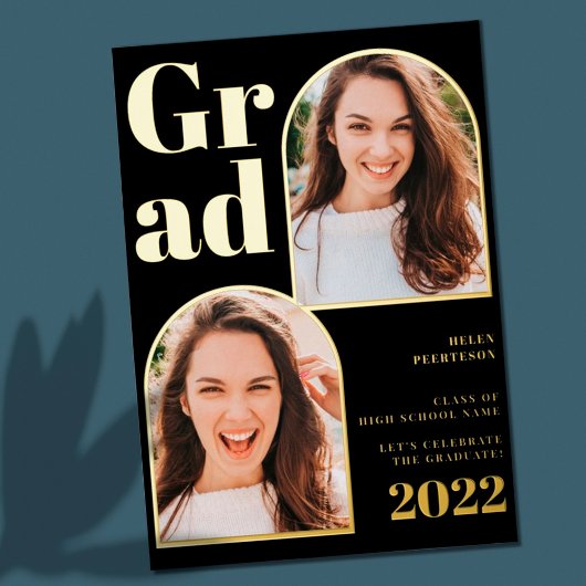 Moderne zwarte goudboog 3 foto's afstuderen folie uitnodiging