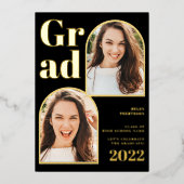 Moderne zwarte goudboog 3 foto's afstuderen folie uitnodiging (Voorkant)
