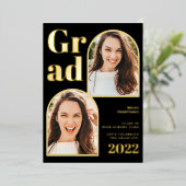 Moderne zwarte goudboog 3 foto's afstuderen folie uitnodiging (Staand Voorkant)