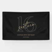 Moderne Zwarte Gouden 16e Verjaardagsfeest Banner (Horizontaal)