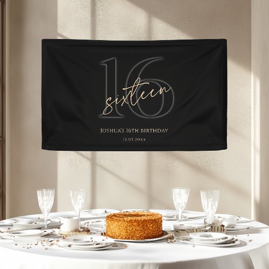 Moderne Zwarte Gouden 16e Verjaardagsfeest Banner