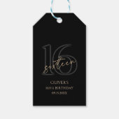 Moderne Zwarte Gouden 16e Verjaardagsfeestje Cadeaulabel (Voorkant)