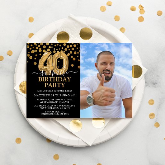 Moderne Zwarte & Gouden 40e Verjaardag Foto Kaart